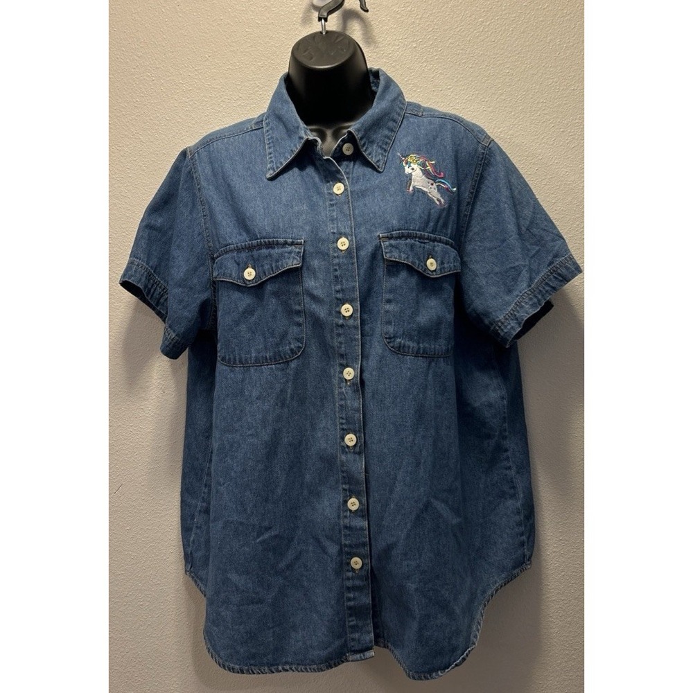 Route‎ 66 Women's Denim Short Sleeve Button Down With Unicorn Size 18w